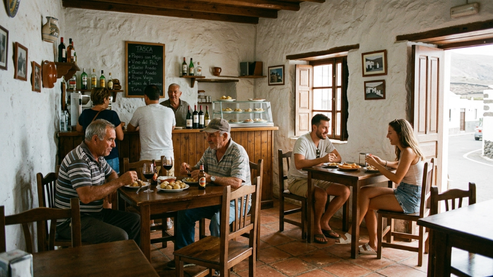 Comensales disfrutan de tapas y vino en una tasca tradicional de Lanzarote
