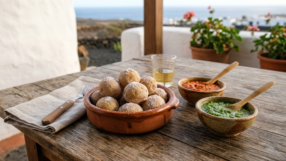 Papas arrugadas con mojo rojo y verde en una terraza con vistas al mar