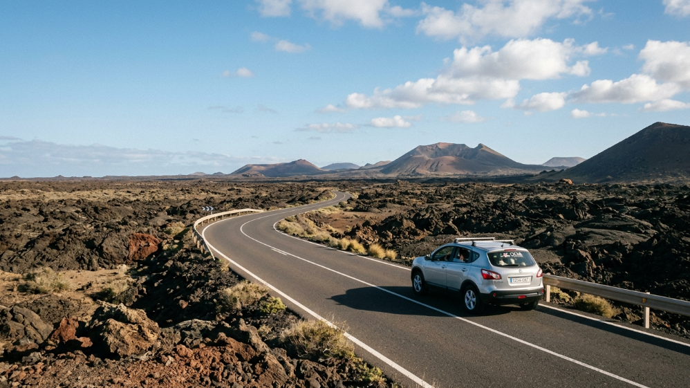 Auto fährt auf einer kurvigen Straße zwischen Vulkanen des Timanfaya-Parks