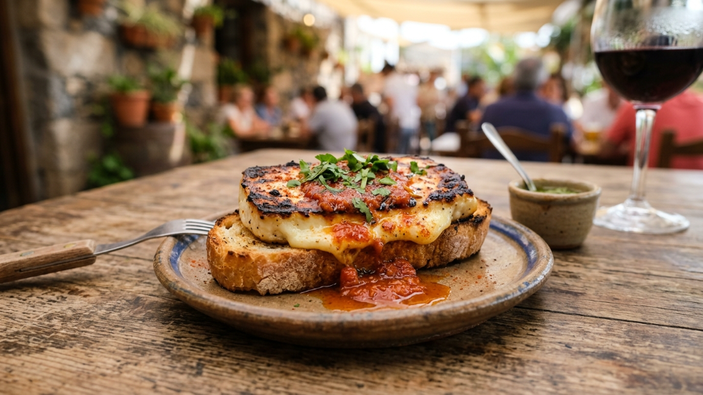 Tostada con queso a la plancha y mermelada de tomate en terraza lanzareña