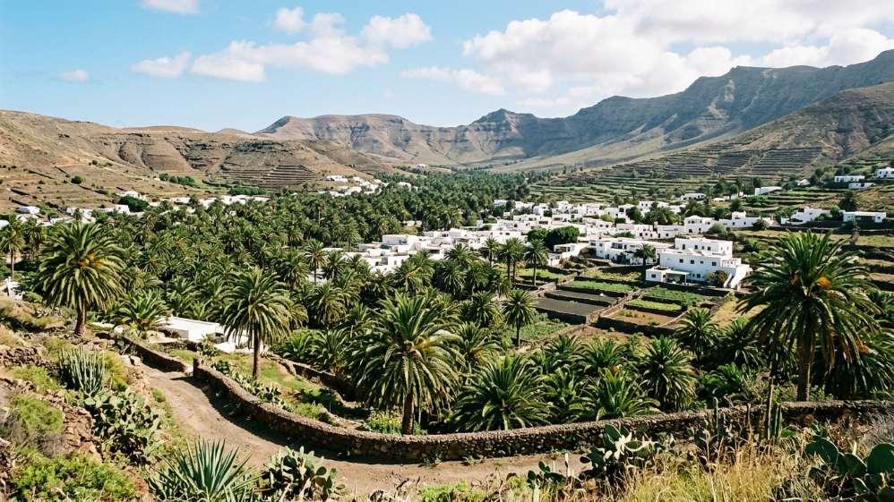 Casas blancas de Haría entre palmeras y montañas del valle