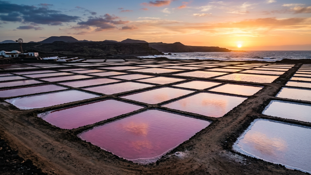 Salinas de Janubio con estanques rosados reflejando el atardecer sobre el mar