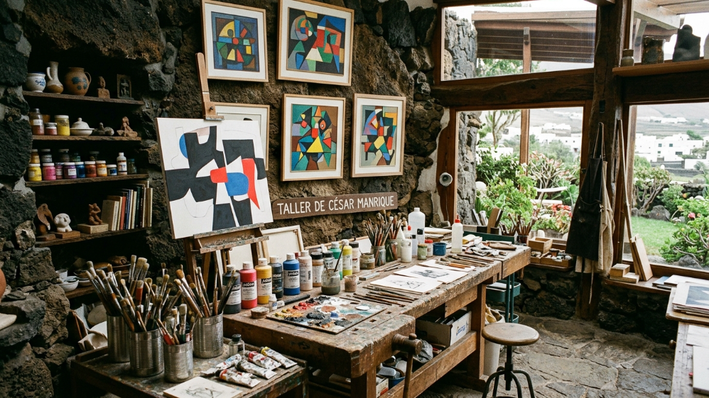 Taller de César Manrique con cuadros abstractos y utensilios de pintura en Haría