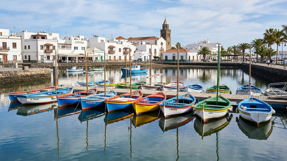Colorful boats moored in the San Ginés inlet in Arrecife