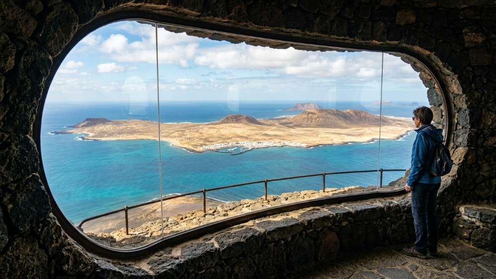 Besucher betrachtet die Insel La Graciosa vom Mirador del Río aus