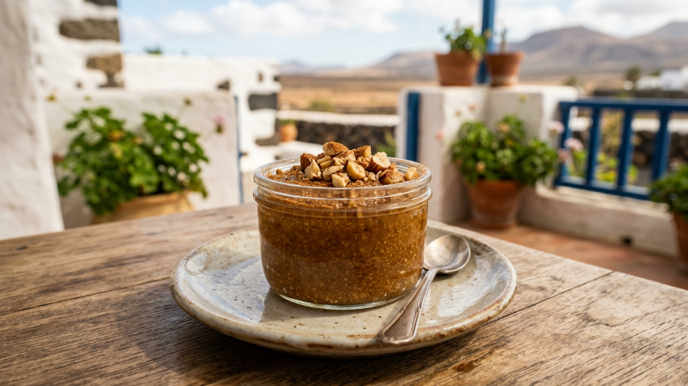 Tarro de pudin de chía con frutos secos en una terraza con vistas a montañas