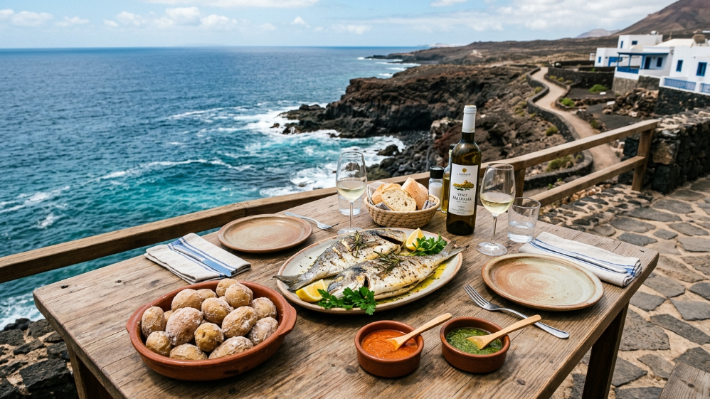 Tavolo con pesce grigliato, patate rugose e vino bianco affacciato sul mare a Lanzarote
