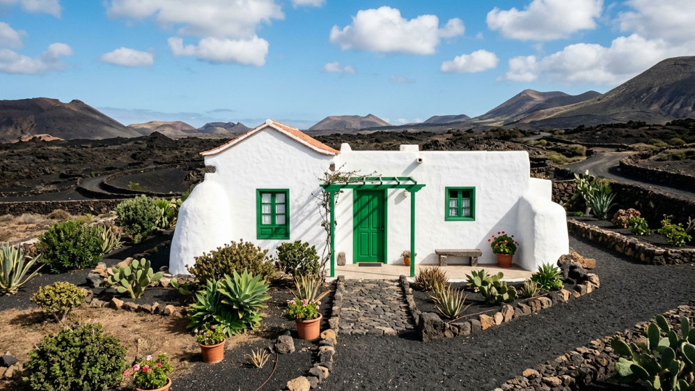 Casa tradizionale bianca con porte verdi circondata da campi vulcanici a Lanzarote