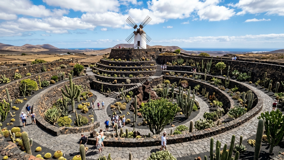 Terrazas circulares de cactus rodean un molino blanco en el Jardín de Cactus