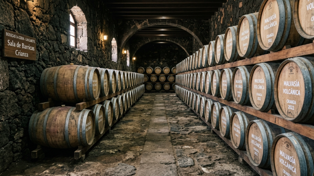 Barricas de vino Malvasía apiladas en la bodega de La Geria