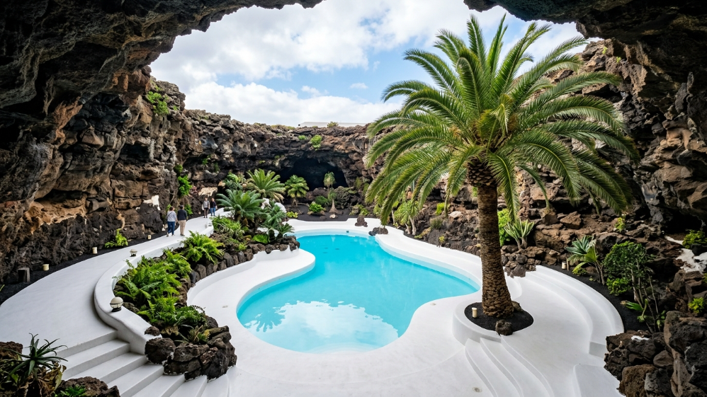 Piscina turchese tra palme e roccia vulcanica ai Jameos del Agua