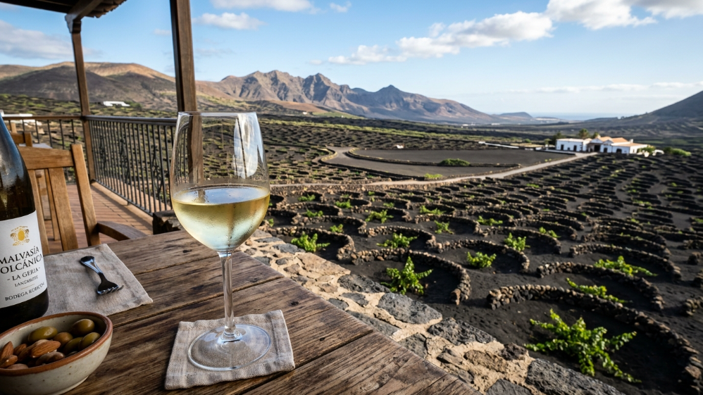 Copa de malvasía en una terraza con vistas a los viñedos de La Geria