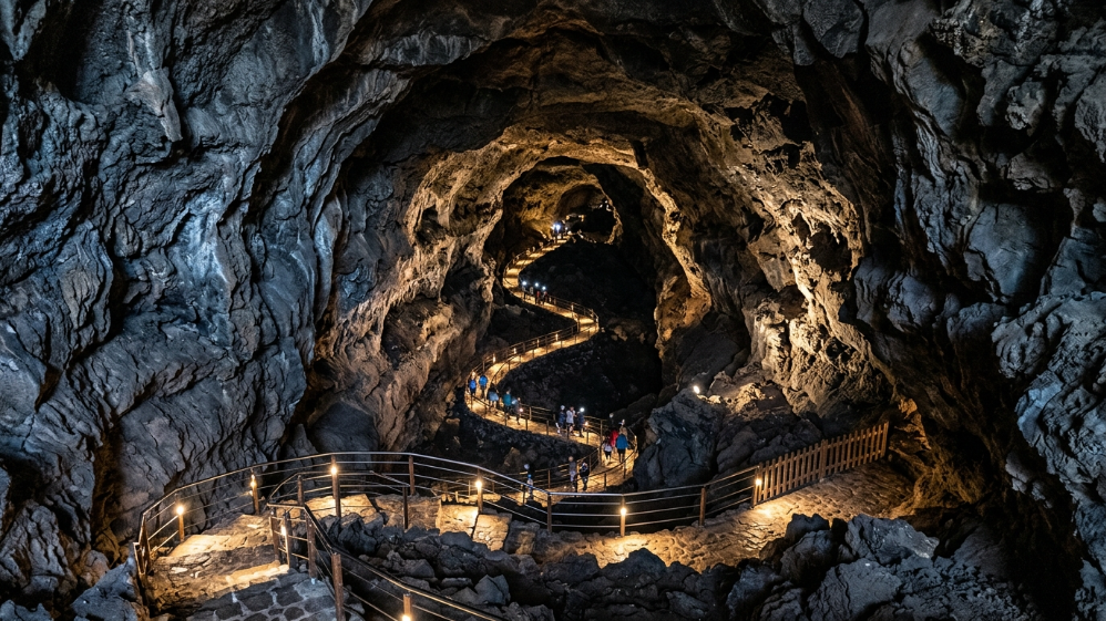 Passerella tortuosa illuminata attraversa l'interno vulcanico della Cueva de los Verdes
