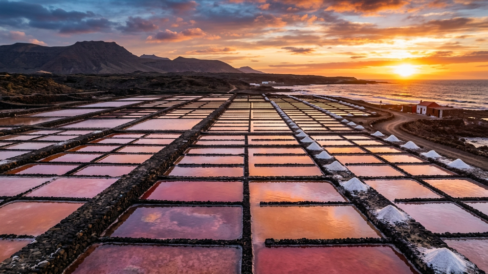 Janubio salt flats reflecting sunset colors in Lanzarote