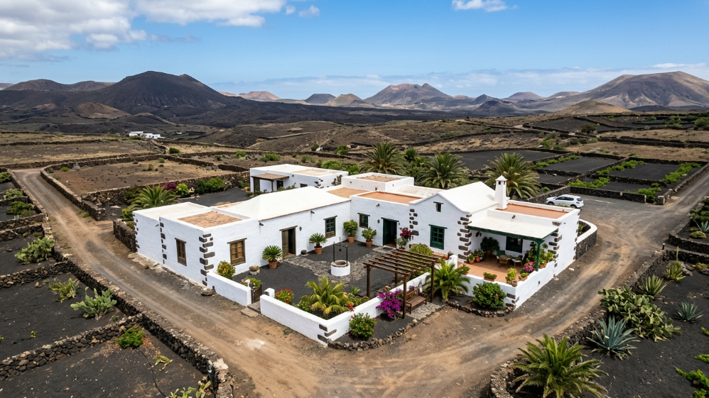 Luftaufnahme einer traditionellen weißen Finca umgeben von Vulkanen auf Lanzarote