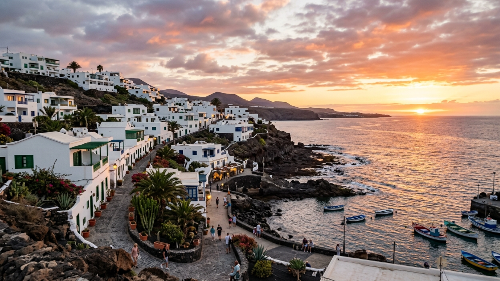 Coucher de soleil sur les maisons blanches et la crique de Tamaduste avec des bateaux