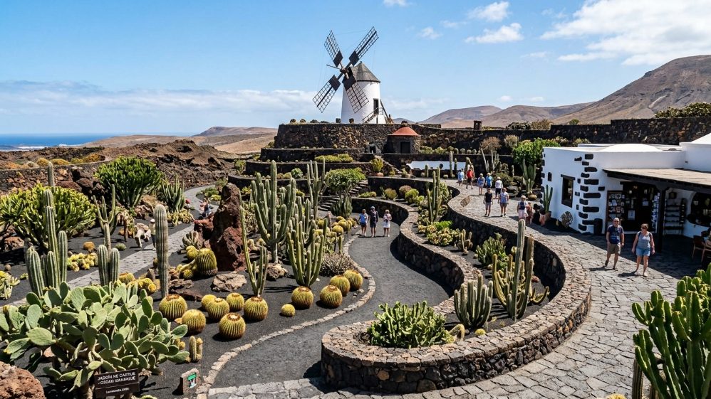 Jardin de Cactus de César Manrique avec un moulin en arrière-plan, Lanzarote