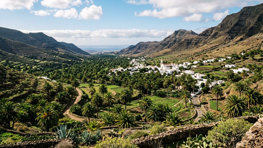 Vallée verte remplie de palmiers à Haría, nord de Lanzarote